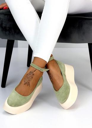 Зеленые замшевые туфли на шлейке натуральная замша цвет оливковый хаки lolita style 😻7 фото