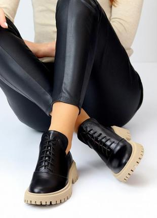 Дизайнерские черные кожаные женские туфли натуральная кожа на бежевой подошве4 фото