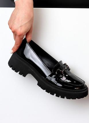 Чорні лакові глянсові туфлі лофери натуральна шкіра виробництво україна