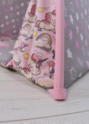 Повний набір вігвам з єдинорогами, для дівчинки, з м'яким килимком подушечками "єдинороги з рожевими пряниками"5 фото