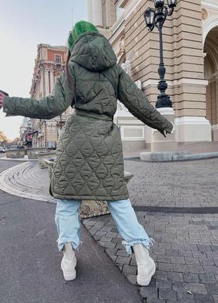Жіноче зимове стьобане довге пальто з плащової тканини канада з капюшоном3 фото