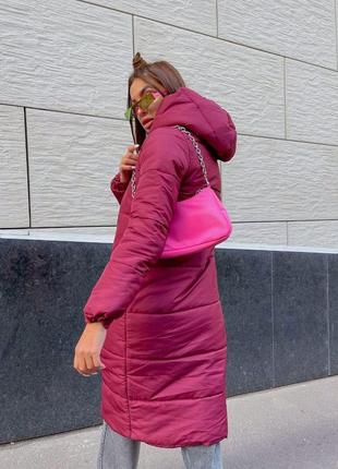 Женское зимнее стеганое длинное пальто на кнопках с капюшоном маленькие размеры5 фото