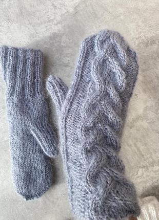 Варежки молочные митенки вязаные ручная работа пушистые белые рукавички без пальцев митенки