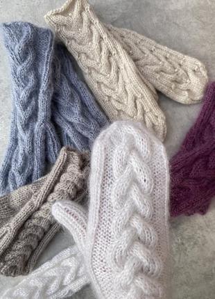 Варежки молочные митенки вязаные ручная работа пушистые белые рукавички без пальцев митенки