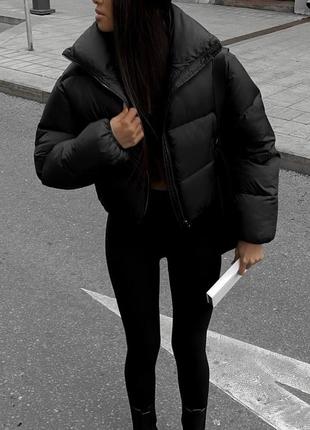 Черная укороченная куртка на синтепоне 🖤 укороченная курточка плащевка s m l4 фото