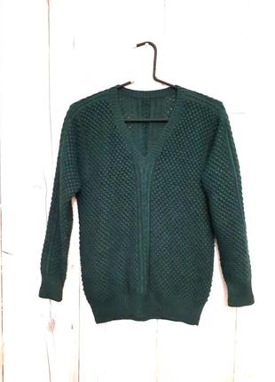 Новый шерстяной в'язаный теплый свитер пуловер бутилочного цвета ручная работа р 10