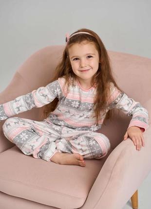 Детская трикотажная пижама для девочки  кофта и штаны хлопковая с принтом олени молочный 3-4, 5-6, 7-8