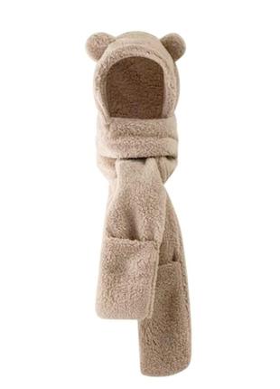 Шапка, шарф, рукавиці з вушками 3 в 1 (тедді, ведмідь, ведмедик, капюшон, кишені) бежевий, унісекс wuke one size