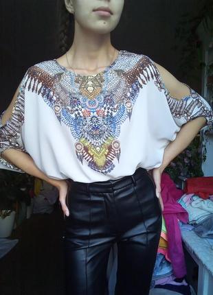 Свободная блузка с орнаментом, нарядная блузка на новый год, блузка летучая мышь, белая блуза3 фото