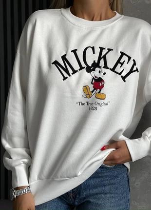 Кофта на флисе тепла свитшот длинная надпись mickey накат надпись оверсайз об Розовая широкая прямая толстовка длинная