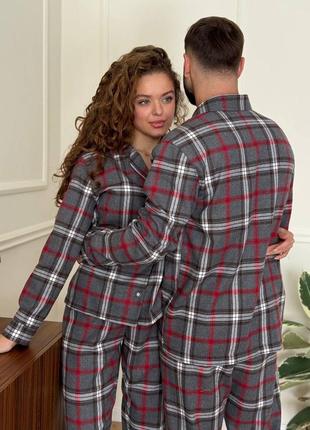 Женская мужская пижама для дому костюм клетка зима осень1 фото