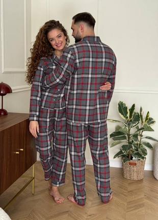 Женская мужская пижама для дому костюм клетка зима осень3 фото