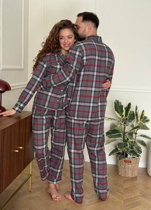 Женская мужская пижама для дому костюм клетка зима осень2 фото