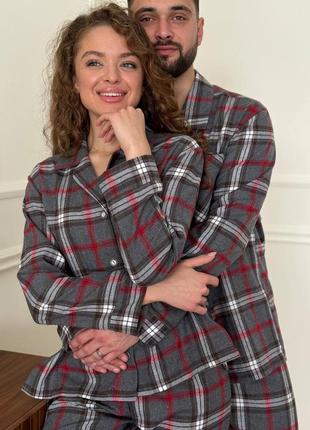 Женская мужская пижама для дому костюм клетка зима осень5 фото