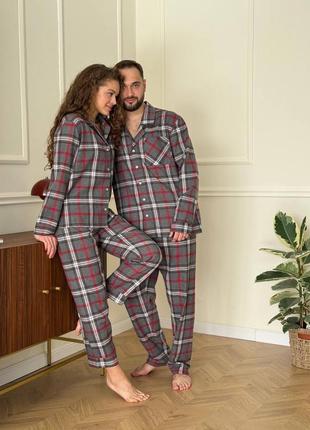 Женская мужская пижама для дому костюм клетка зима осень9 фото