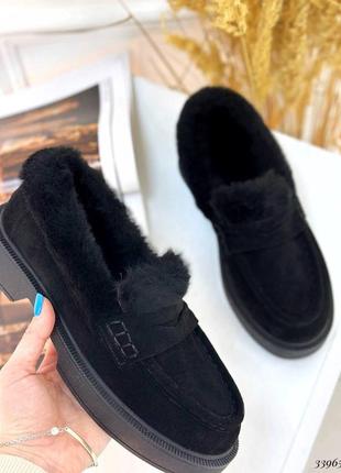 Туфли лоферы слипоны натуральный замш с мехом теплые зимние черные