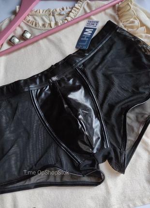 Чёрные труси боксёры мужские полупрозрачные сетчастые с мешочком из эко кожи3 фото