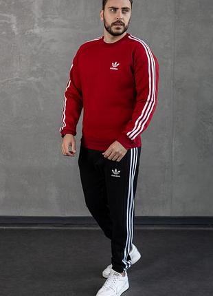 Мужской зимний спортивный костюм adidas бордовый с лампасами без капюшона комплект адидас на флисе (bon)