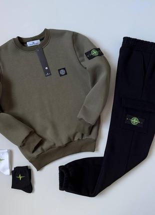 Мужской зимний спортивный костюм stone island хаки без капюшона стон айленд свишот + штаны на флисе (bon)
