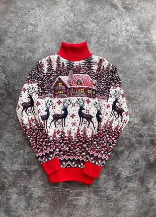 Чоловічий зимовий новорічний светр червоний з оленями під горло вовняний кофта з новорічним принтом (bon)