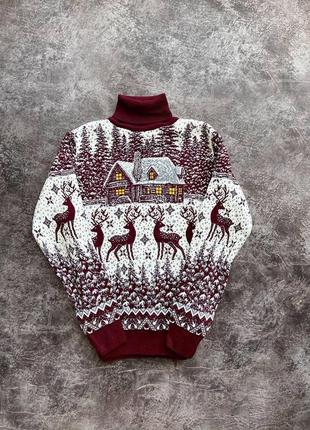 Мужской зимний новогодний свитер красный с оленями под горло шерстяной кофта с новогодним принтом (bon)6 фото