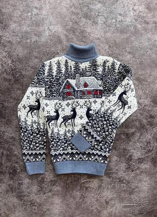 Мужской зимний новогодний свитер бордовый с оленями под горло шерстяной кофта с новогодним принтом (bon)5 фото