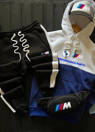 Мужской зимний спортивный костюм bmw motorsport синий с белым комплект худи + штаны бмв на флисе (bon)