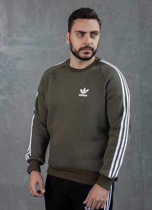 Мужской зимний свитшот adidas хаки с лампасами кофта без капюшона адидас на флисе (bon)