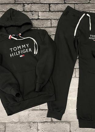 Люксовый мужской костюм в стиле томми хилфигер tommy hilfiger брендовый комплект худи и штаны на флисе теплый зимний премиум