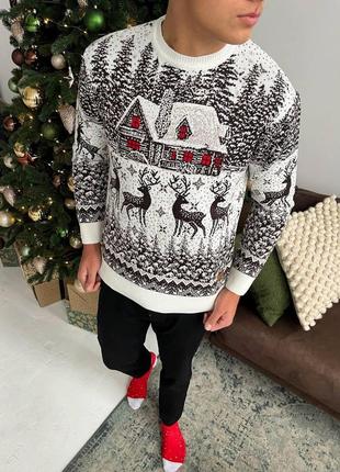 Чоловічий зимовий новорічний светр білий із оленями під горло вовняний кофта з новорічним принтом (bon)