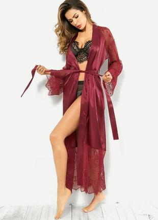 Атласный длинный халат эротическое белье сексуальный комплект  цвет бордо размер 46 ( м ) new