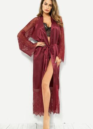 Атласный длинный халат эротическое белье сексуальный комплект  цвет бордо размер 46 ( м ) new2 фото