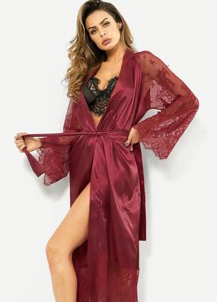 Атласный длинный халат эротическое белье сексуальный комплект  цвет бордо размер 46 ( м ) new3 фото