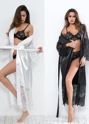 Атласный длинный халат эротическое белье сексуальный комплект  цвет белый размер 40-42 ( s ) new