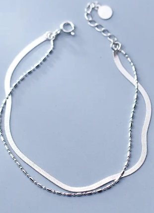 Браслет двухслойный серебряный тонкий жгутик, оригинальное плетение, длина 16,5+3,5 см, серебро 925