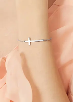 Браслет серебряный длинный крест в стиле минимализм, браслет с крестиком, длина 16+3 см, серебро 9252 фото