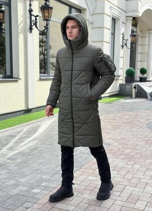 Мужская зимняя парка хаки до -25*с длинная куртка пуховик с капюшоном до колен (bon)5 фото