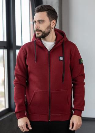 Чоловіча зимова кофта stone island бордова тепла на флісі зіп худі стон айленд на блискавці з патчем (bon)
