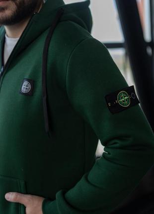 Мужская зимняя кофта stone island хаки теплая на флисе зип худи стон айленд на молнии с патчем (bon)3 фото