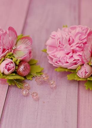 Заколки с цветами ручной работы розовые3 фото