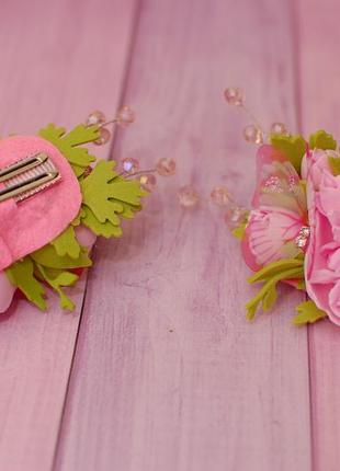 Заколки з квітами ручної роботи рожеві5 фото