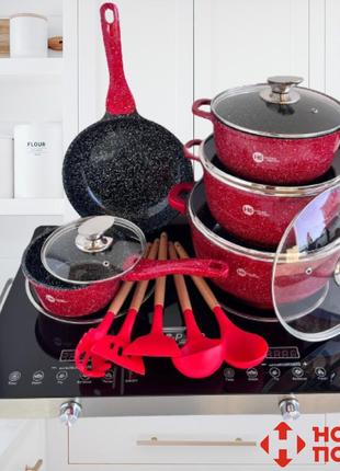 Набір каструль higher kitchen посуд з мармуровим антипригарним покриття сковорода сотейник кухонні лопатки5 фото