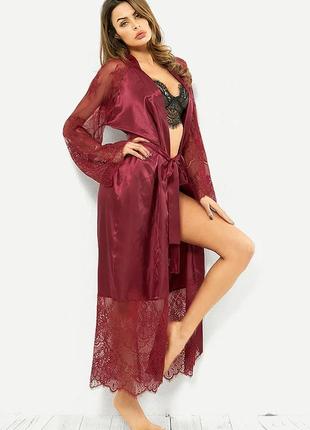 Атласный длинный халат эротическое белье сексуальный комплект  цвет бордо размер 40 ( s ) new2 фото