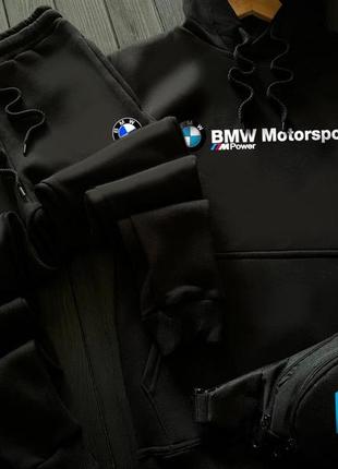 Мужской зимний спортивный костюм bmw motorsport черный теплый комплект худи + штаны бмв на флисе (bon)2 фото
