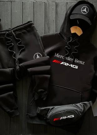 Чоловічий зимовий спортивний костюм mercedes benz amg чорний комплект худі + штани мерседес на флісі (bon)