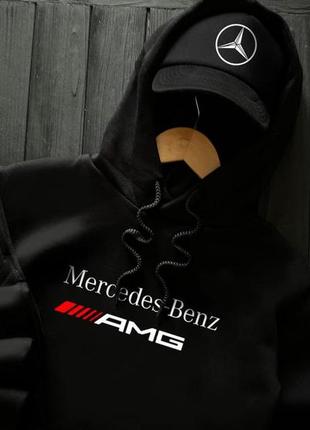Мужской зимний спортивный костюм mercedes benz amg черный комплект худи + штаны мерседес на флисе (bon)3 фото