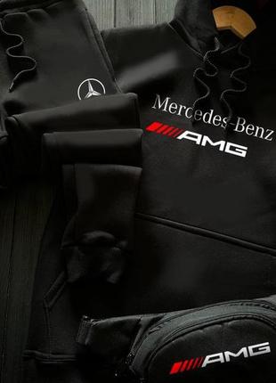 Мужской зимний спортивный костюм mercedes benz amg черный комплект худи + штаны мерседес на флисе (bon)2 фото
