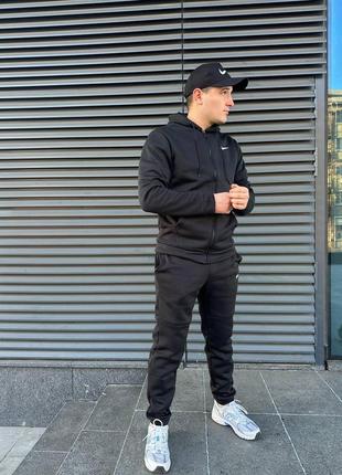 Мужской зимний спортивный костюм nike черный на змейке с капюшоном комплект найк на флисе теплый (bon)2 фото