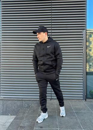 Мужской зимний спортивный костюм nike черный на змейке с капюшоном комплект найк на флисе теплый (bon)