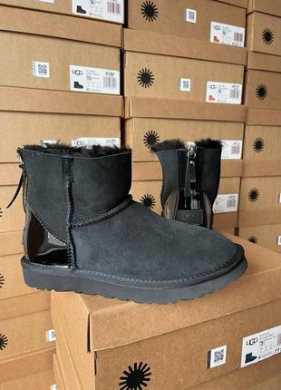 Женские сапоги ugg mini zip черные угги короткие замшевые с мехом водоотталкивающие (bon)
